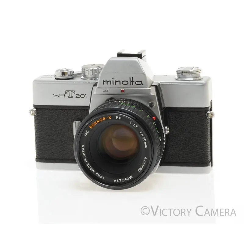 Minolta SRT 201 Chrome 35mm Camera w/ 50mm f1.7 Lens -New Seals- [EXC]