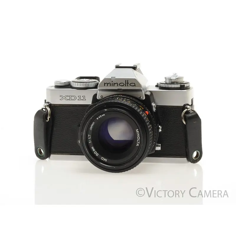 Minolta XD11 XD-11 Chrome 35mm Camera w/ 50mm f1.7 Lens -New Seals- [EXC]