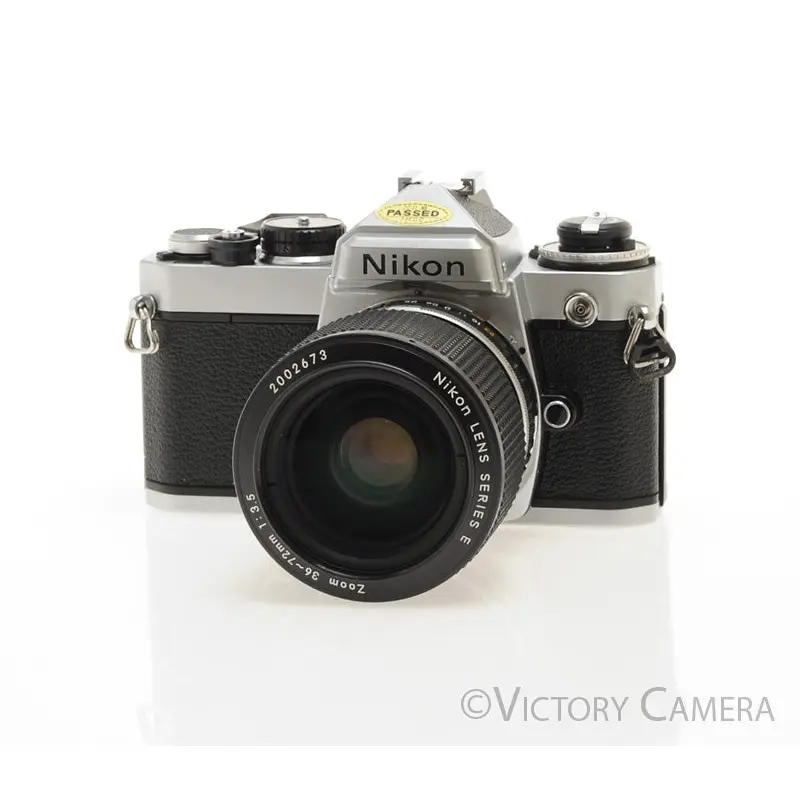 Nikon FE Chrome 35mm Film Camera w/ 36-72mm Lens -New Seals- [EXC]