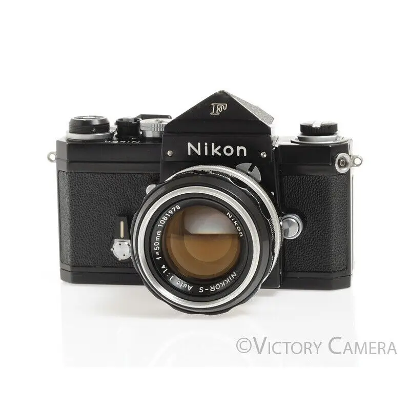 Nikon F Rare Black 35mm Camera w/ Eye Level Finder & 50mm f1.4 Lens -Good Seals- [EXC-]