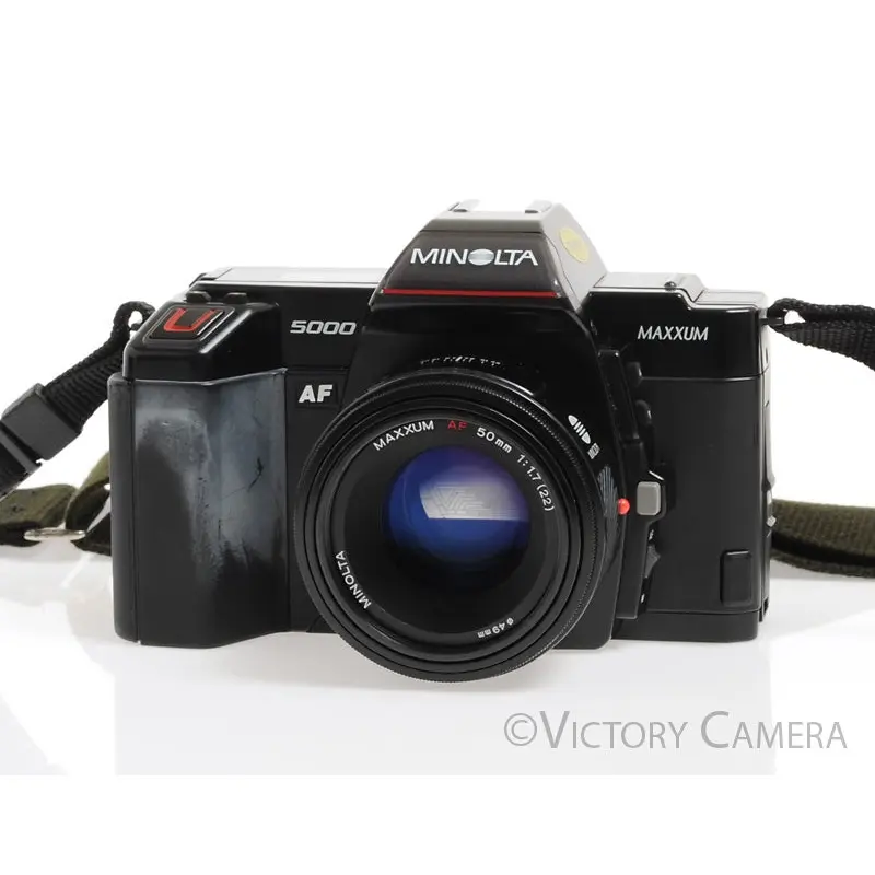 Minolta Maxxum 5000 Black 35mm SLR w/ 50mm f1.7 Lens & Leather Case [EXC+]