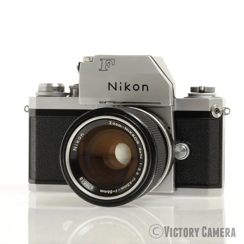 Nikon F Chrome 35mm Camera Body 43-86mm Zoom Lens + Prism, Case [EXC]