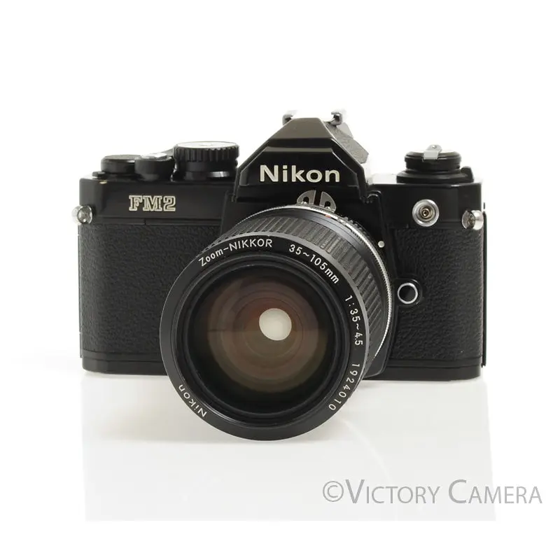 Nikon FM2N Black Camera Body w 35-105mm f3.5-4.5 Zoom Lens -New Seals- [EXC-]