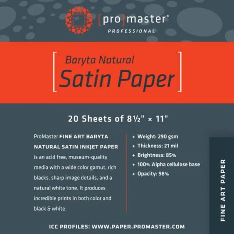 Promaster Fine Art Baryta Natural Satin Paper 8 1-2''X11'' - 20 Sheets