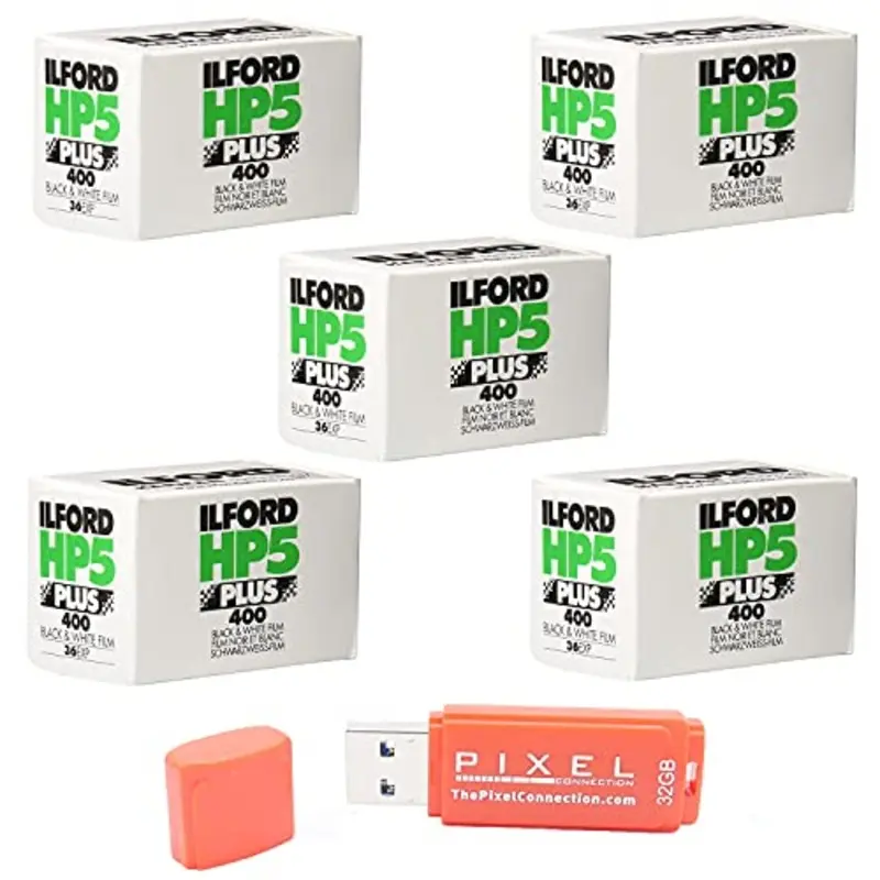 Ilford HP5 Plus 400 Film, 35mm 36 Exposures (5 Pack) with 32GB USB Flash Drive
