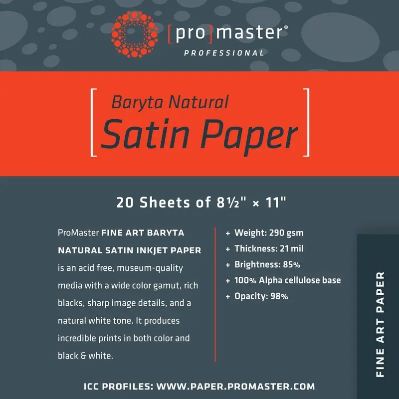 ProMaster Fine Art Baryta Natural Satin Inkjet Photo Paper - 8.5''x11'' - 20 Sheets
