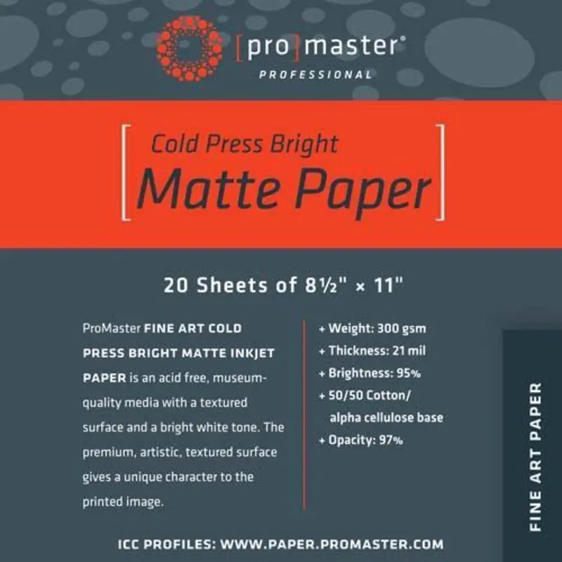ProMaster Fine Art Cold Press Bright Matte Inkjet Photo Paper - 8.5''x11'' - 20 Sheets