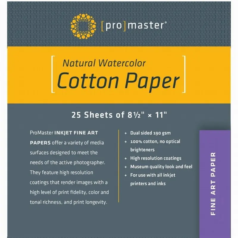 ProMaster Fine Art Inkjet Paper - 100% Cotton - Natural Watercolor - 8 1/2 x 11'' - 25 Sheets