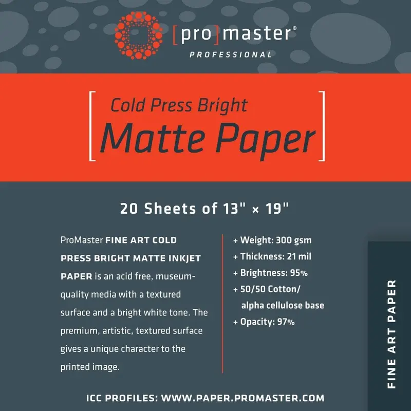 ProMaster Fine Art Cold Press Bright Matte Inkjet Photo Paper - 13''x19'' - 20 Sheets
