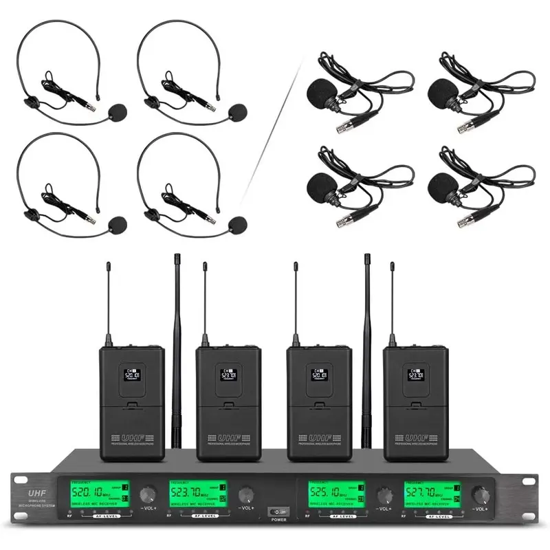 * USED * Wireless UHF 4 Channel 4 Lavalier Bodypacks 4 Lapel Mic 4 Headsets