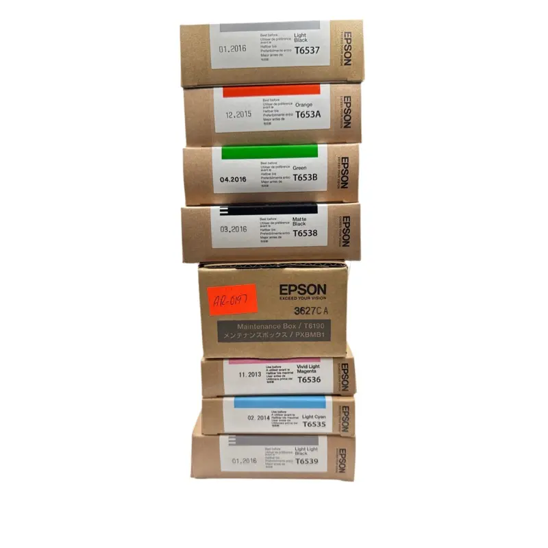 (7) Unopened Expired Epson T653x Ink Cartridges - Plus (1) Sealed T6190 Maint. Box (0197)