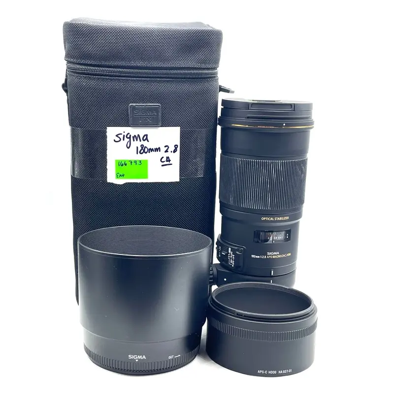 Used Sigma APO 180mm F2.8 Macro Lens W/ Case and Lens hoods (Canon Mount)
